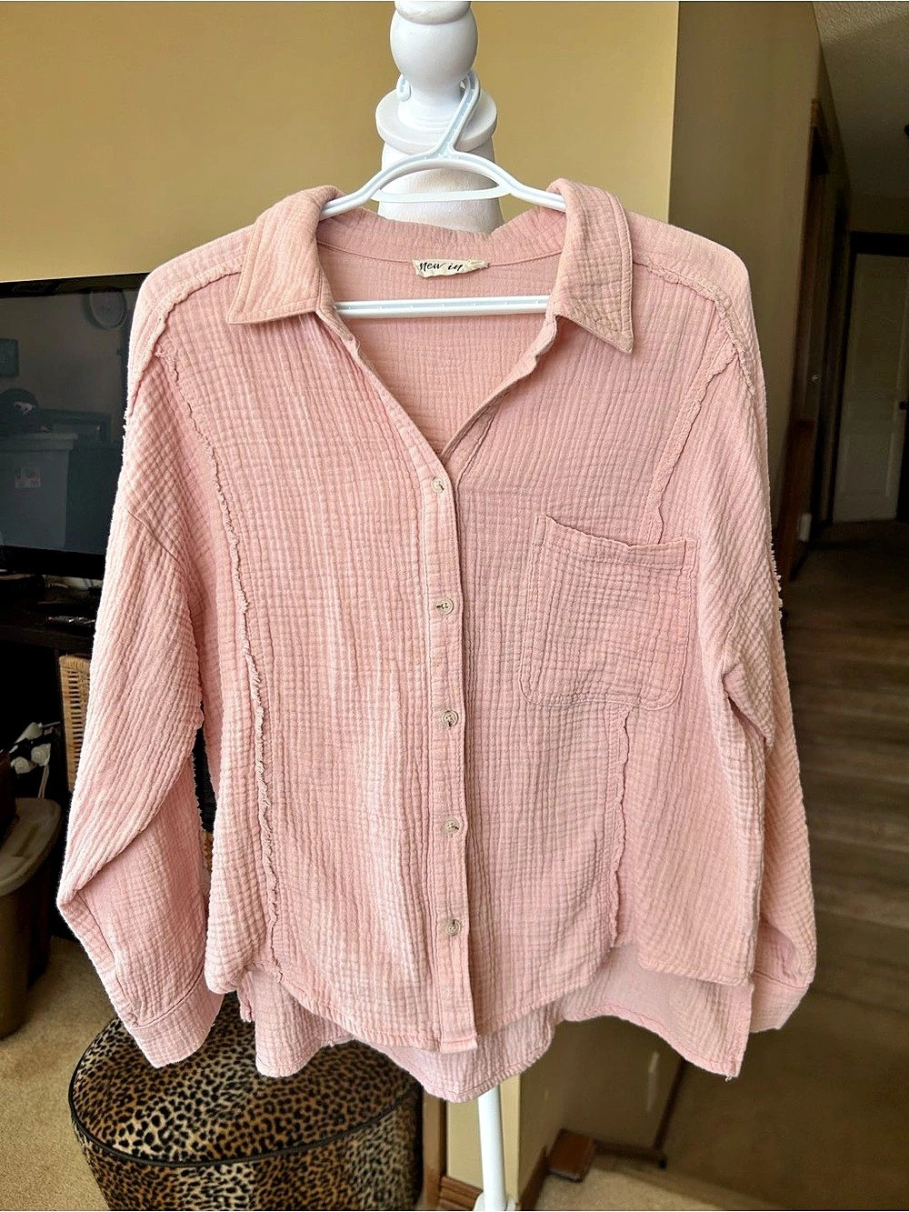 New In Gauze Button Down Shirt in Pink with frayed seams Size Medium
